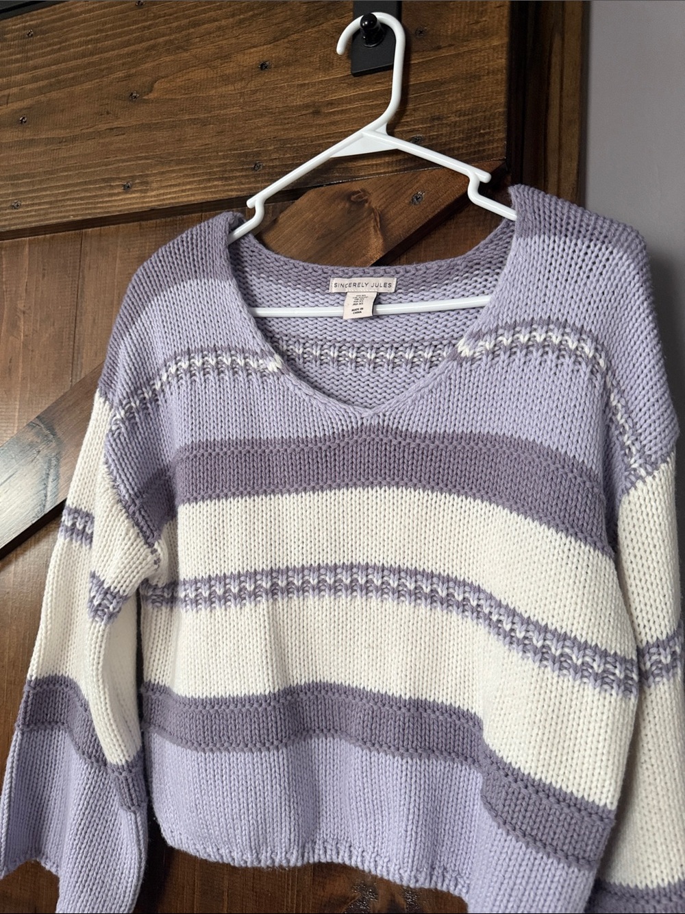 Sincerly Jules Lavender and Cream Striped V-Neck Knit Sweater
